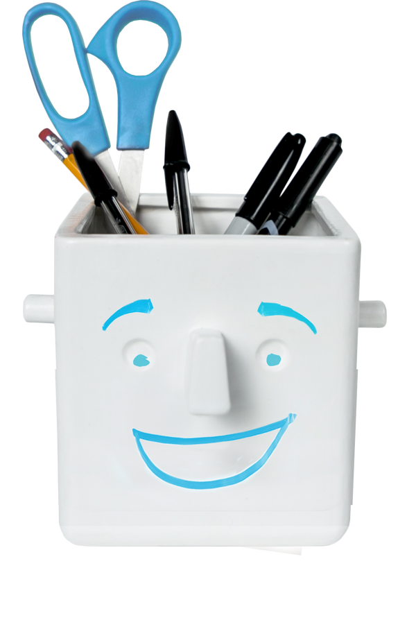 Face Plant blue marked smiling face design scissors pencils pens