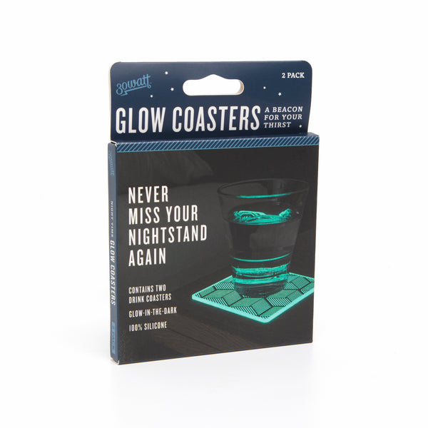 Navy blue and black pack 30 Watt Glow Coasters glass with water on top of coaster image product information