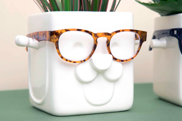 White square planter with cute puppy face with eyeglass holder tiger print eyeglasses