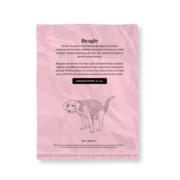 Pink 30 Watt poop bag with Beagle breed information average poop fun fact pooping dog design