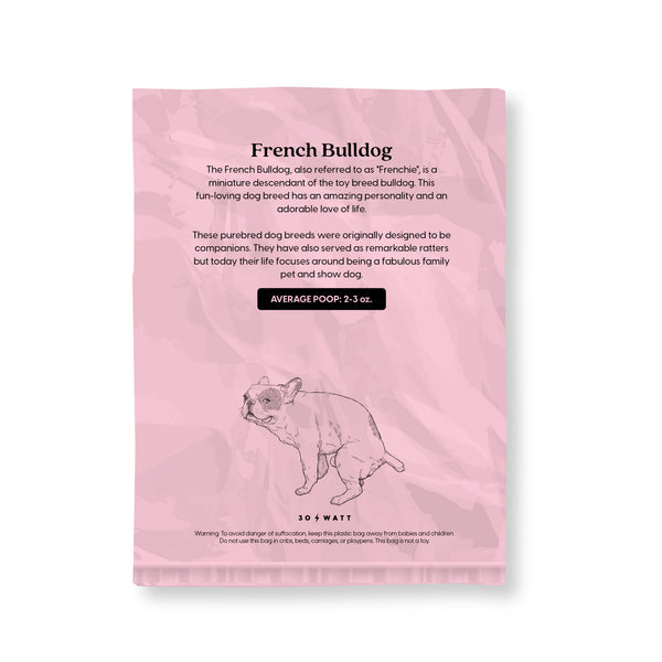 Pink 30 Watt poop bag with French Bulldog breed information average poop fun fact pooping dog design