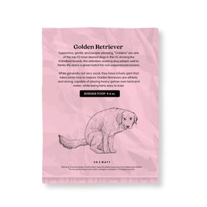 Pink 30 Watt poop bag with Golden Retriever breed information average poop fun fact pooping dog design