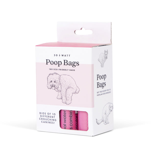 White box of pink colored 30 watt poop bags cute pooping puppy design actual item visible