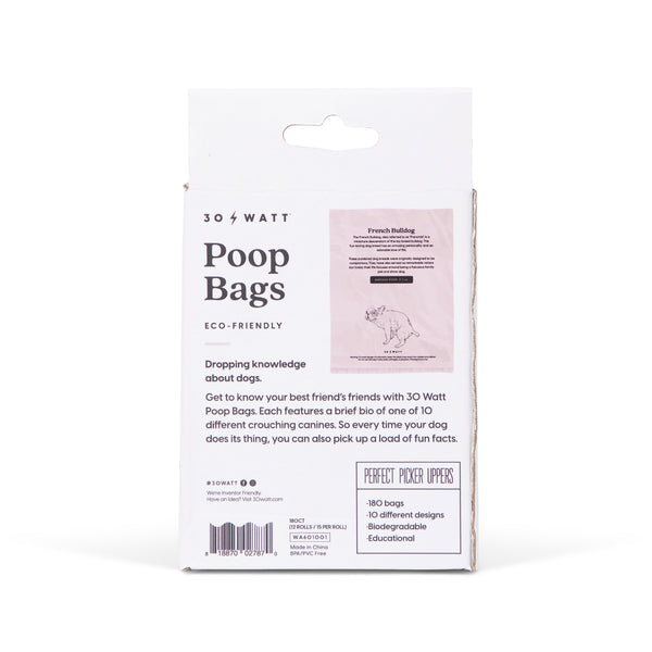 Back part of white box of 30 Watt Poop Bags product information pooping dog sketch